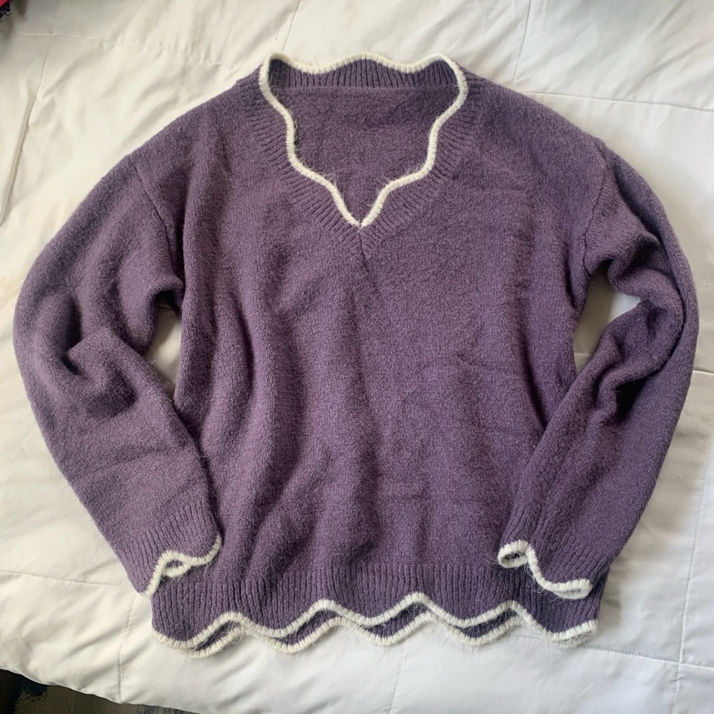 Purple Scallop-Trim V-Neck Sweater